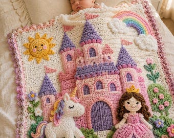 May include: A cream-colored crochet blanket featuring a central pink and purple castle, a white unicorn with a rainbow mane, and a doll with brown hair wearing a pink dress. The design includes a yellow sun, a rainbow, and colorful flowers.