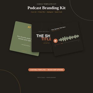 Può includere: Un kit di modelli Canva per il branding di podcast con tre design grafici quadrati in verde oliva e nero. Il testo include Podcast Branding Kit, Cover Art, Promo Tiles, Audiogram, Quote Cards e 6 Editable Templates. Reuse Every Episode.