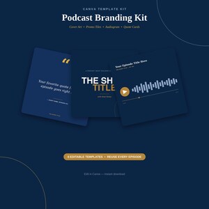 Può includere: Un kit di modelli Canva per il branding di podcast con tre modelli quadrati blu scuro con testo bianco e oro. I modelli mostrano testo di esempio tra cui Your Episode Title Here, segnaposto per citazioni e un grafico a forma d'onda audio.