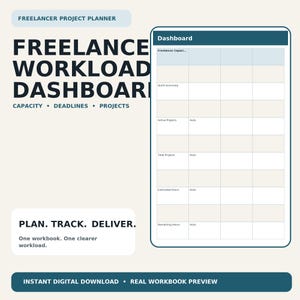 May include: A digital freelancer project planner dashboard featuring a dark teal header and a grid layout for tracking capacity, deadlines, and projects. The text reads: FREELANCE WORKLOAD DASHBOARD, PLAN. TRACK. DELIVER. One workbook. One clearer workload.