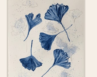 Original Painting of 5 Ginkgo Leaves - Falling Like a Fading Memory - Indigo and Navy Blue & White - 8x10 Mixed Media on Watercolor Paper.