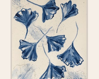 Original Painting of 7 Ginkgo Leaves - Raining Ginkgo Love - Indigo and Navy Blue and White - 8x10 Acrylic and pencil on watercolor paper.