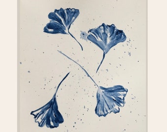 Original Painting of 4 Ginkgo Leaves - Counting to Four - Indigo and Navy Blue and White - 8x10 Acrylic and pencil on watercolor paper.