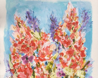 Original Painting of Summer Flowers Along My Path #2 - Impressionist Abstract Style - in red, pinks, purples and aqua blue