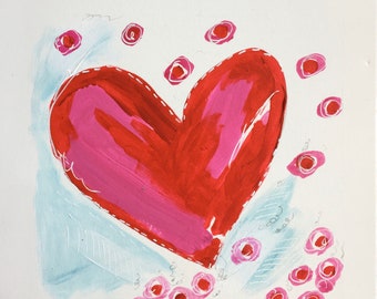 Original Heart Painting Bubbling with Excitement 6x6  Mixed Media & Acrylic on Paper - Pinks, Red, and Aqua Blue