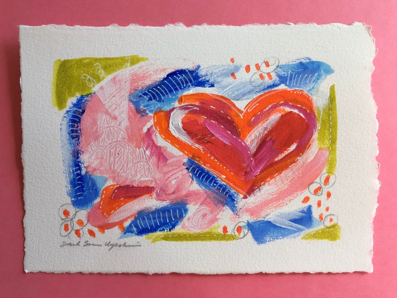 Original 5 x 7 Art Painting the Town with Her Heart Acrylic and Mixed Media Painting on Watercolor Paper