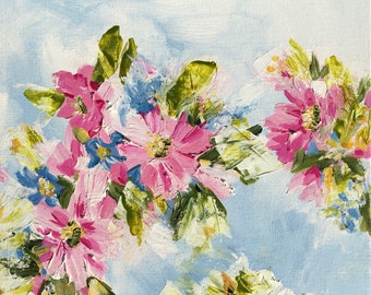Original Abstract Painting of Pink Flowers Floating in a Blue Sky with Clouds -  "Heaven Scent"
