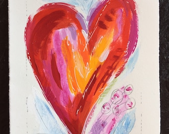 Original Abstract Painting Heart of Gold 5x7 on Paper in red, orange, gold, yellow, lavender, pink and blue