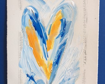 Original Painting I See Your Heart of Blue and Gold - 5x7 Acrylic and Mixed Media on Watercolor Paper