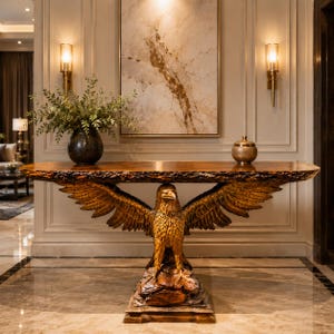Mesa consola con borde natural y águila tallada a mano – Muebles rústicos de lujo en madera maciza