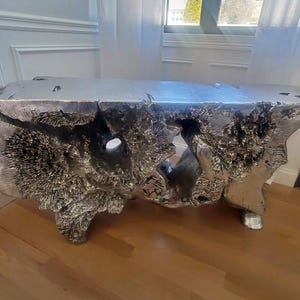 Cast Teak Console Table – Silver Leaf | Handcrafted Sculptural Entryway Console | Luxury Statement Furniture