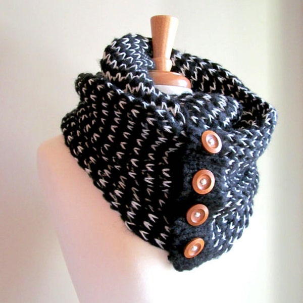 Black White  Infinity Scarves Knit Neckwarmer Scarf with Wooden Buttons Women Girls Fall Winter Accessories