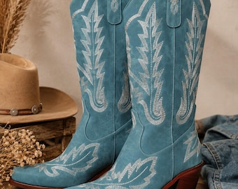 Turquoise Embroidered Cowgirl Boots for Women, Square-Toe Faux-Leather Western Boots, Chunky Mid Heel, Large Sizes for Rodeos and Festivals