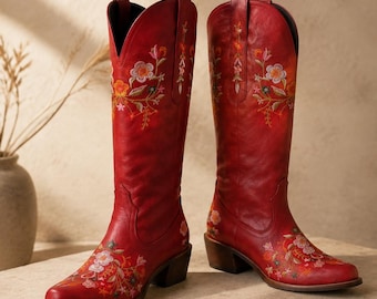Red Floral Embroidered Knee High Western Boots for Women