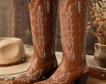 Brown Embroidered Cowgirl Boots, Knee High PU Faux Leather Western Boots for Women, Snip Toe, 1.2-2 Inch Heel, Cotton Lined, Extended Sizes