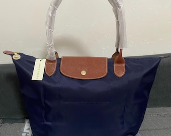 Longchamp Large Navy Nylon Tote Bag with Leather Trim, Foldable Lightweight Daily Carry Bag