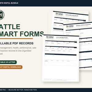 May include: A digital bundle of 18 fillable PDF cattle smart forms for livestock management. The documents feature the Ranch Metric logo and include headers for cattle animal intake, individual livestock sale, and cattle treatment records.
