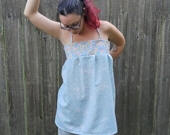 Backless Apron Hippie Shirt made from a vintage upcycled sheet. Adjustable tie back