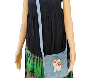 Red Daisy Patch Blue Jean Crossbody Bag Upcycled Repurposed blue jeans