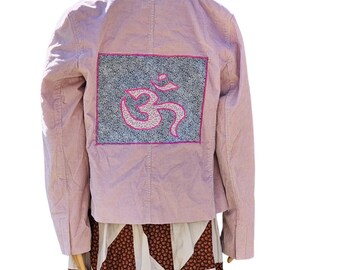 Repurposed pink Corduroy jacket with handmade om patch Size Large