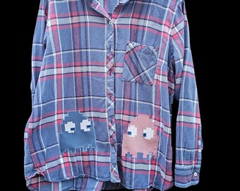 Upcycled flannel shirt with 2 handmade retro 8bit video game ghosts Size Junior XXL