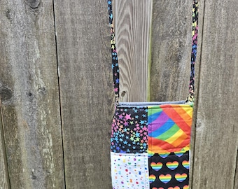 Quilted Rainbow Pride Handmade Patchwork Crossbody Purse with inside pocket