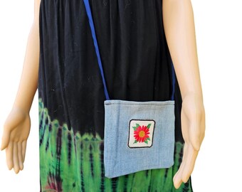 Small Red Daisy Patch Blue Jean Crossbody Bag Upcycled Repurposed blue jeans