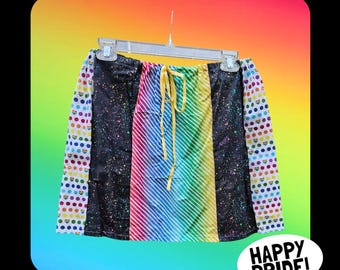Rainbow Pride Patchwork Drawstring Strip Skirt Small