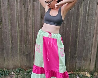 Pink and Green Frog Hippie Patchwork Strip Skirt with Pockets Size Small/Medium