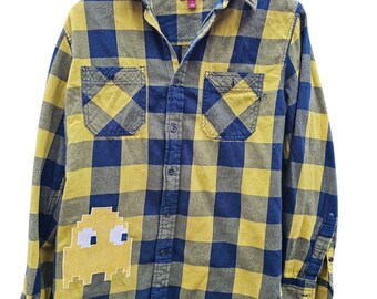 Handmade Retro 8 bit Gaming Ghost Patch Upcycled Flannel Shirt Size Small