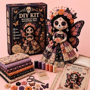 May include: A DIY kit for a Butterfly Soul patchwork doll, including a box, a finished doll with black hair and floral crown, fabric stacks in purple and orange, sewing thread spools, needles, scissors, lace trim, and an instruction booklet.
