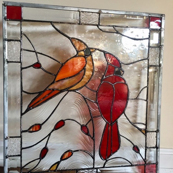 Stained Glass Window Cardinal Christmas Bird Transom Panel Suncatcher OOAK