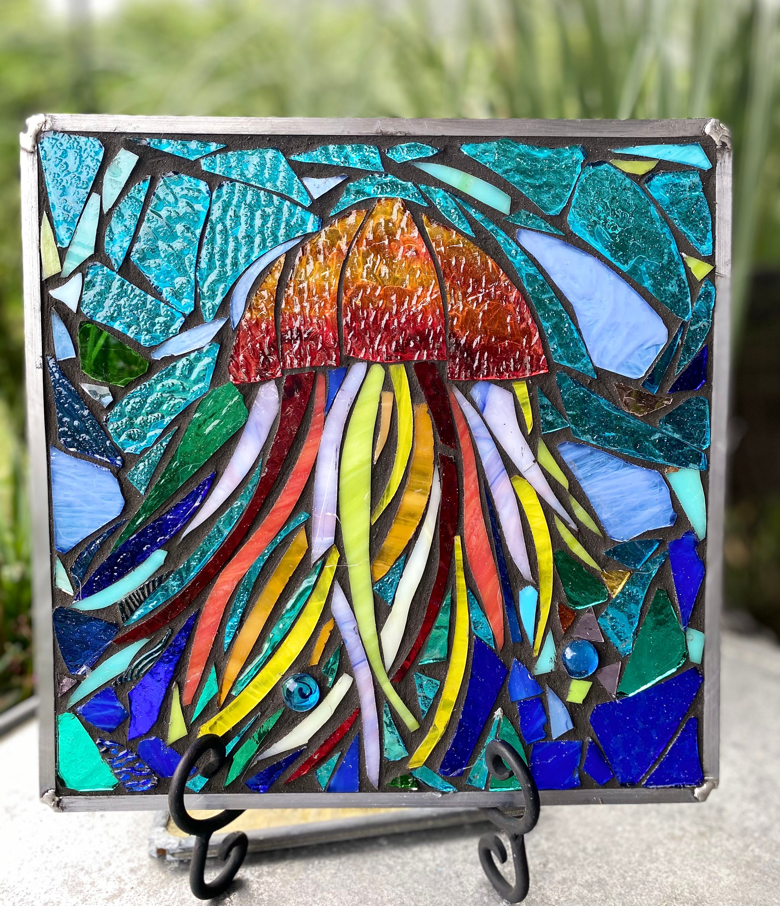 Stained Glass Mosaic Abstract Jellyfish Panel Window OOAK Etsy