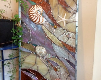 Stained Glass Abstract  Transom Window Suncatcher Panel Seashells 28"x15”