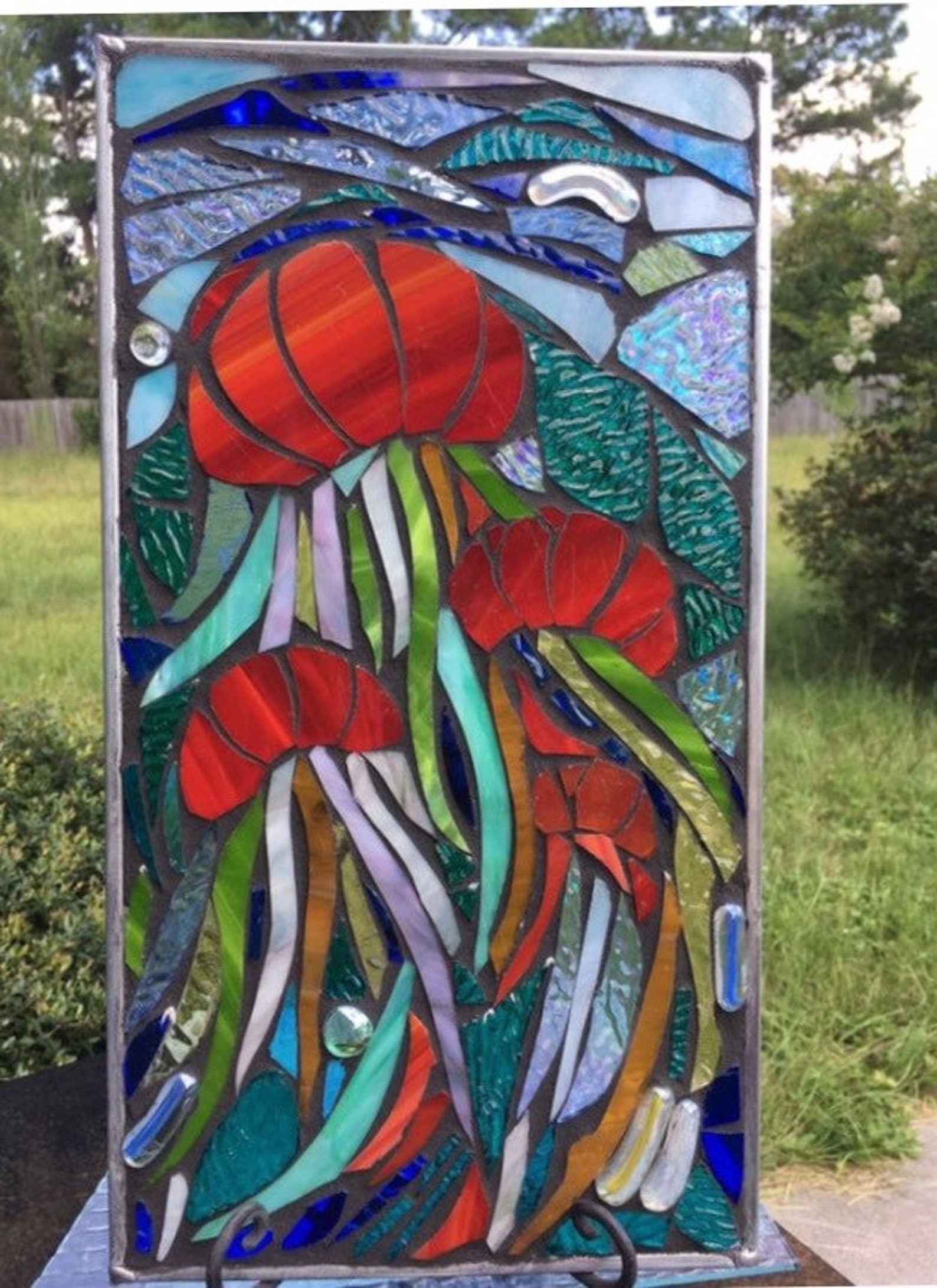 Stained Glass Mosaic Abstract Panel Jellyfish Sea Ocean Window Etsy