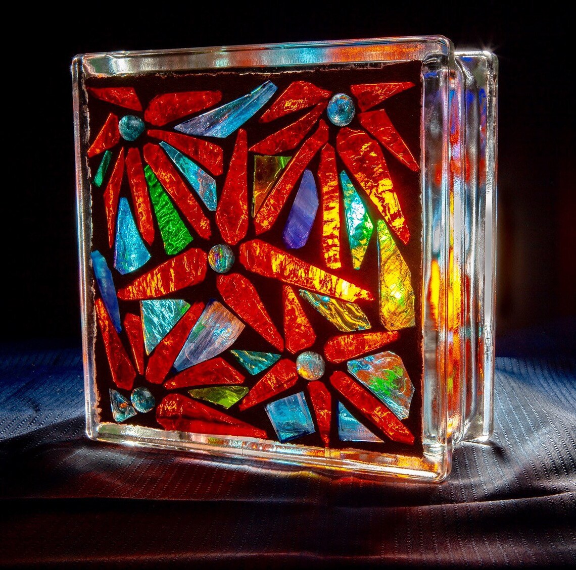 Stained Glass Mosaic Glass Block Decor Sculpture OOAK Etsy
