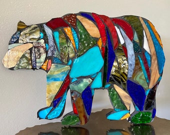 Bear Stained Glass Mosaic Polar Grisly Bear Sculpture Rustic Farm OOAK