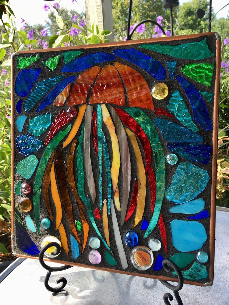 Stained Glass Mosaic Abstract Jellyfish Panel Window OOAK Etsy