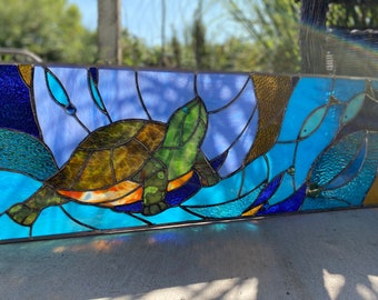 Stained Glass Transom Window Terrapin Sea Turtle Ocean Fish Panel
