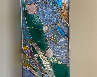 Stained Glass Abstract  Transom Window Suncatcher Panel Seashell  30”x10"