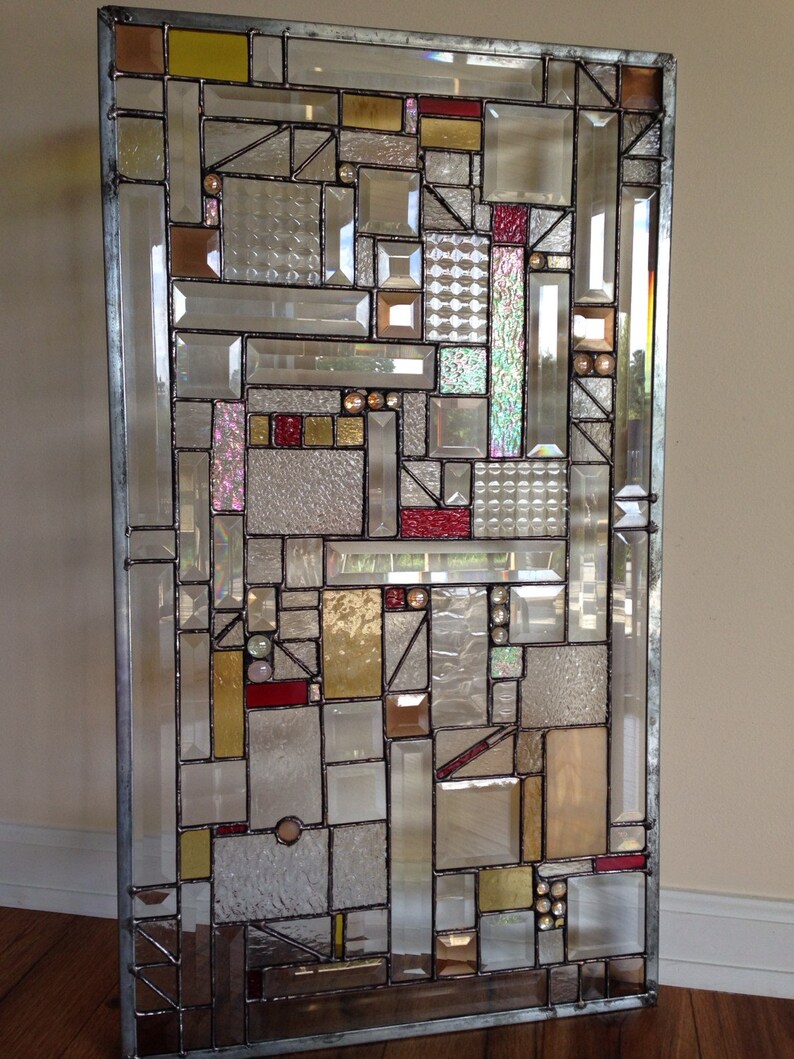Stained Glass Geometric Panel Transom Window with Bevels Etsy