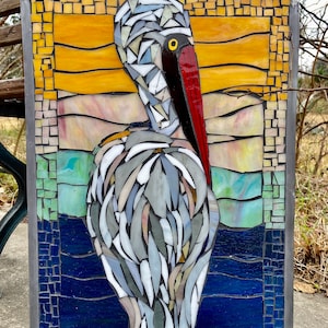 Stained Glass Mosaic Pelican Bird Tropical Panel Window  OOAK