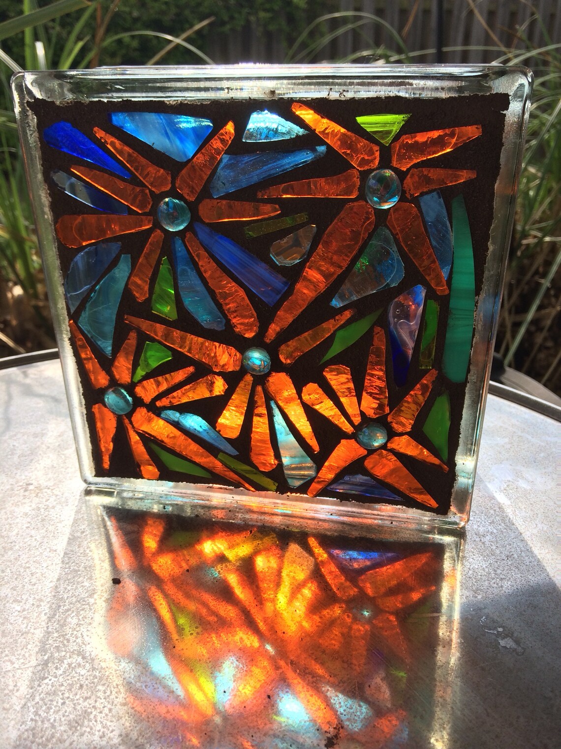 Stained Glass Mosaic Glass Block Decor Sculpture OOAK Etsy