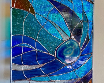 Stained Glass Abstract Nuggets Transom Window Suncatcher Panel Valance 30" x 15”