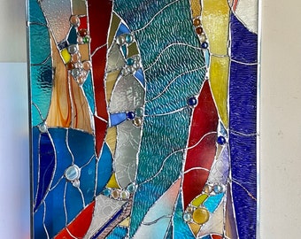 Stained Glass Window Egret Marsh Transom Panel w Agates