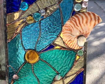 Stained Glass Nautilus Sea Shell Nuggets Suncatcher Ocean Panel 13"x8"