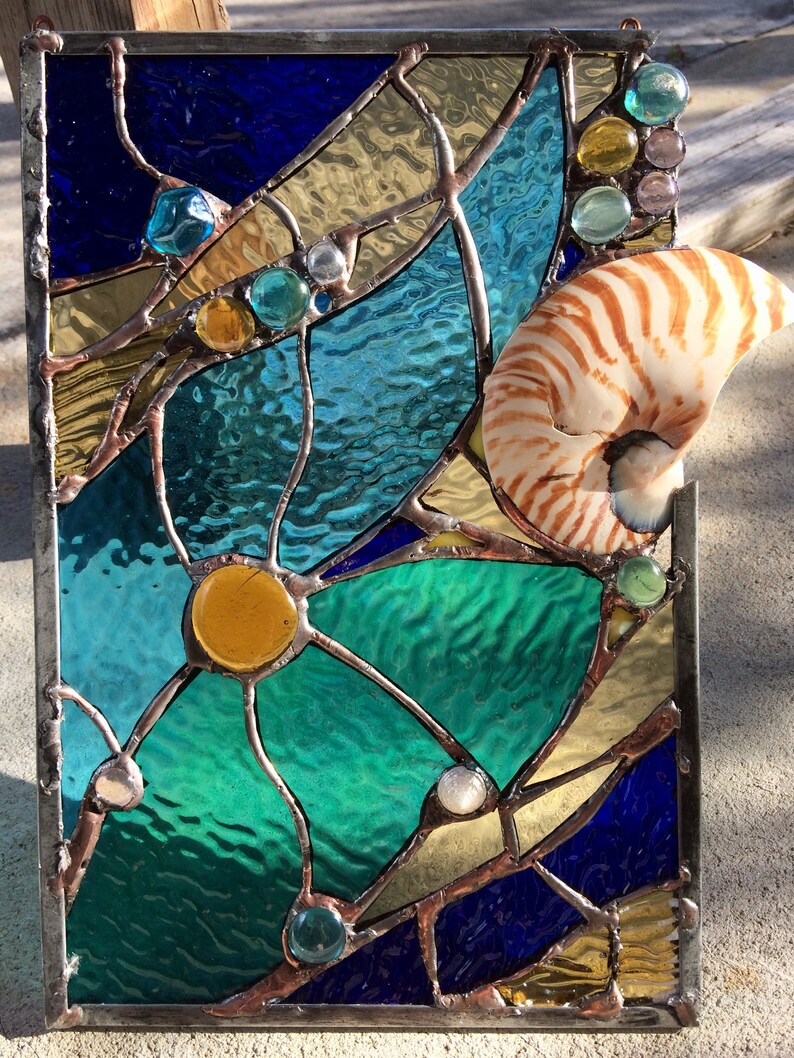 Stained Glass Nautilus Sea Shell Nuggets Suncatcher Ocean Panel 13x8 - Etsy