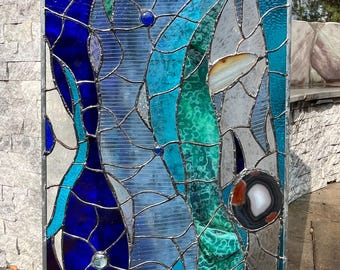 Stained Glass Abstract Nuggets Transom Window Suncatcher Panel Valance 30”x14”