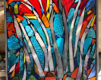 Stained Glass Mosaic Autumn Abstract  Panel Window  OOAK