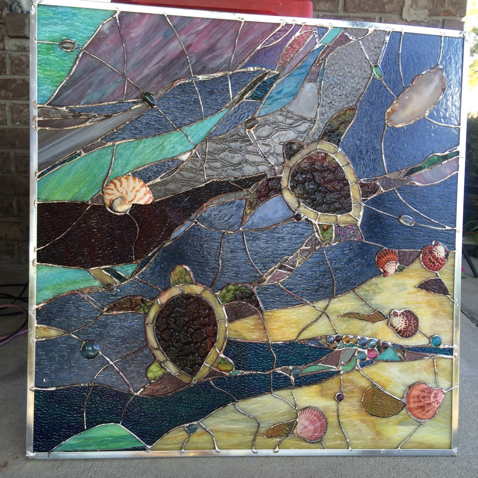 Stained Glass Window Sea Turtle Transom Panel W Agates Etsy